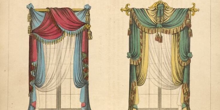 A pair of curtains with different colors and patterns.