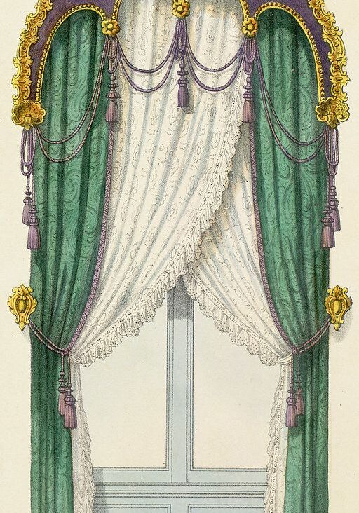 A drawing of a window with green and gold curtains.